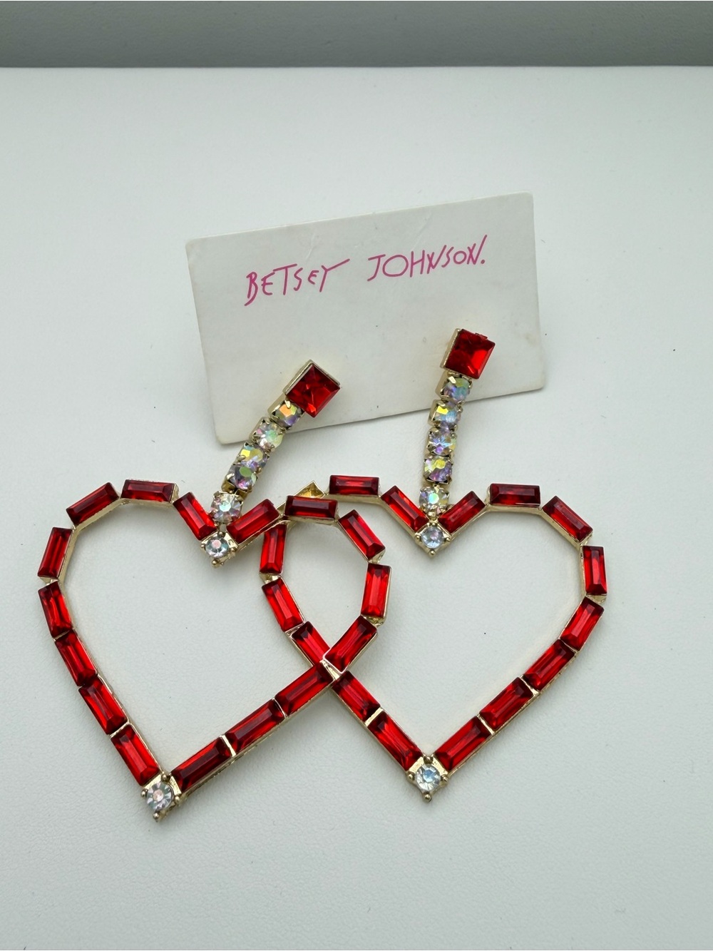 Betsey Johnson Red Crystal Heart Drop Earrings